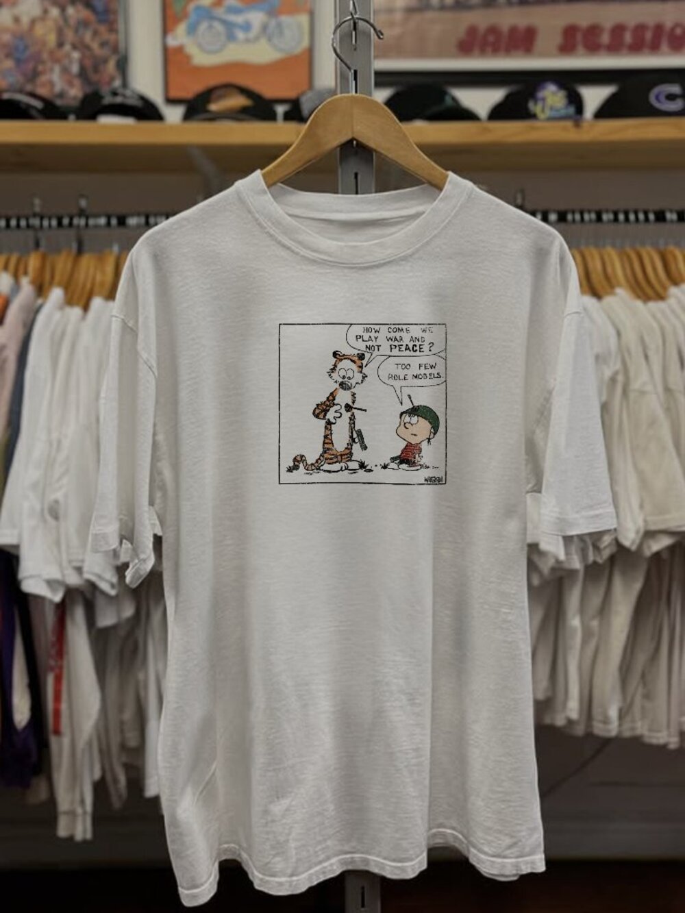 90s Calvin  Hobbes Peace Not War White Tee